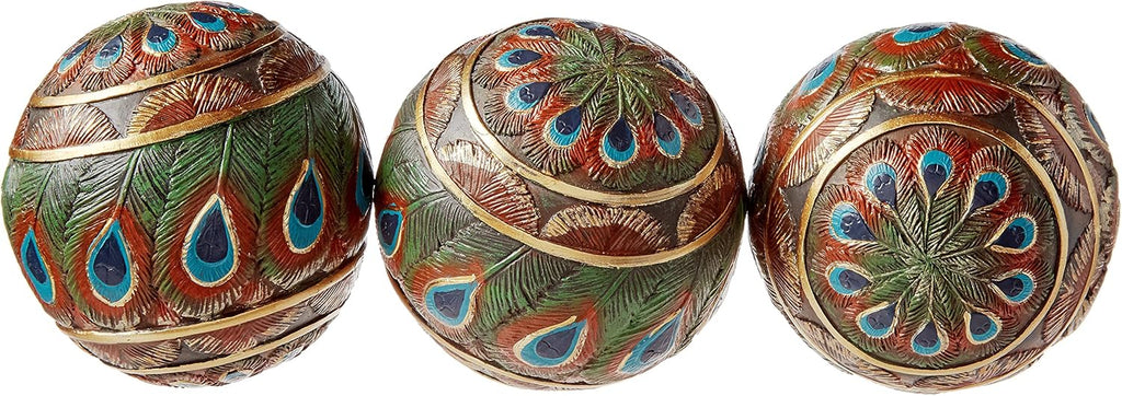 Peacock-Feathered Orbs Decorative Accent Balls: Set of Three