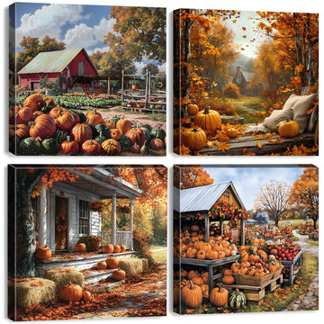 Rustic Fall Pumpkin Wall Art Farmhouse Barn Landscape Wall Decor Vintage Autumn Picture Bedroom Nature Country