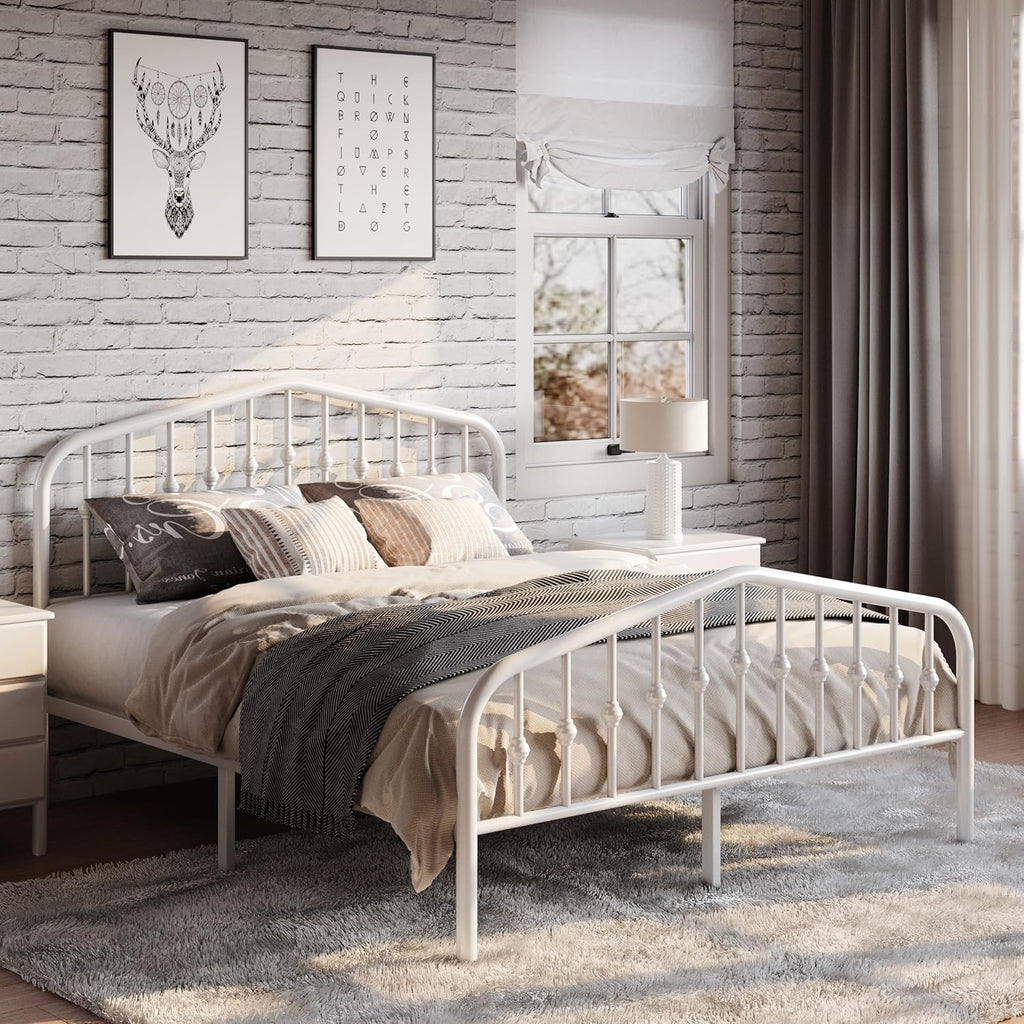 Queen Metal Platform Bed Frame with Victorian Style Wrought Iron-Art Headboard/Footboard, No Box Spring Required, White