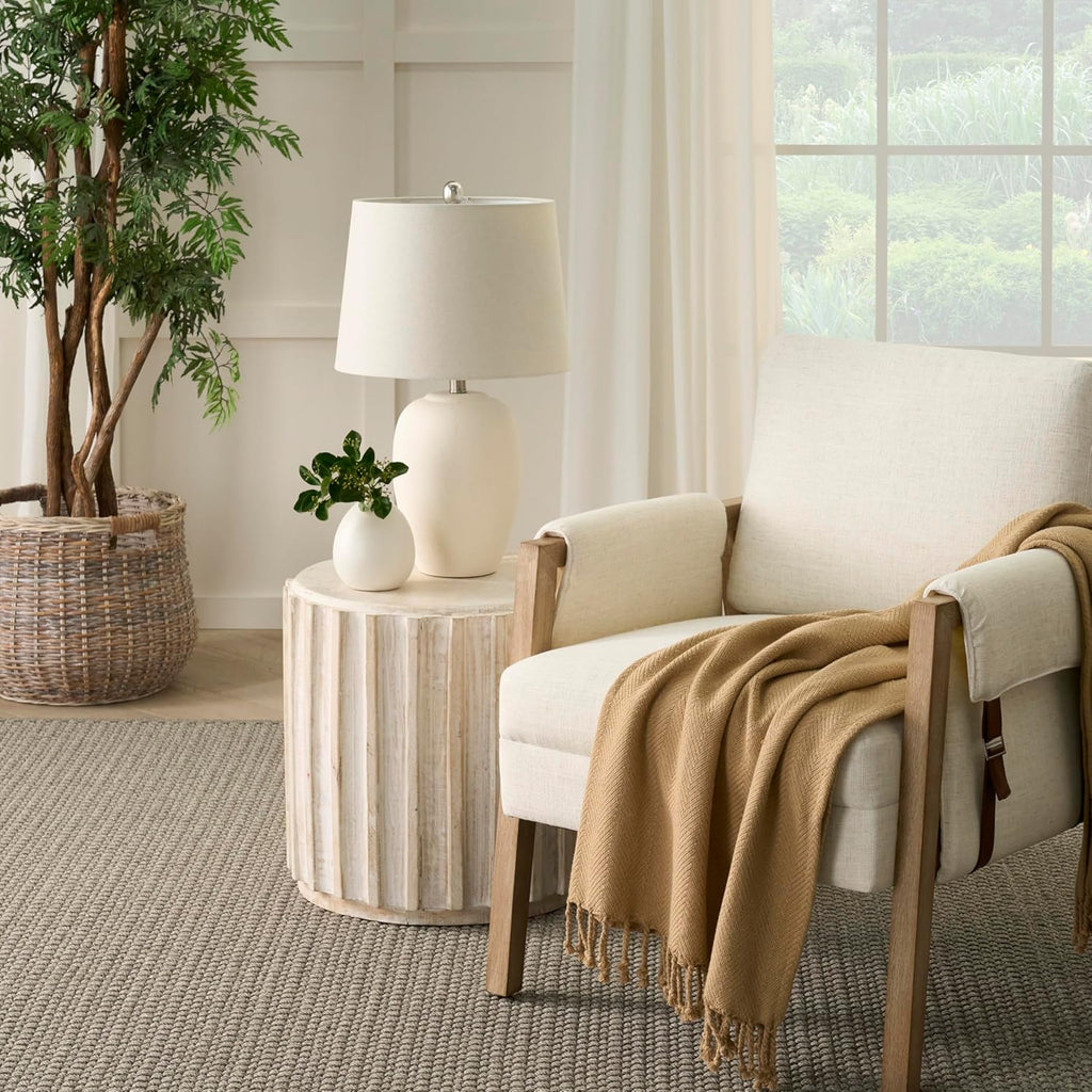 Home 23" Natural White Ceramic Jar Table Lamp, Dining Office, with Off-White Shade