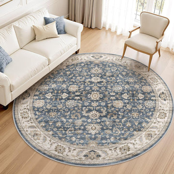 Washable Area Rug 8ft Round Non-Slip Blue