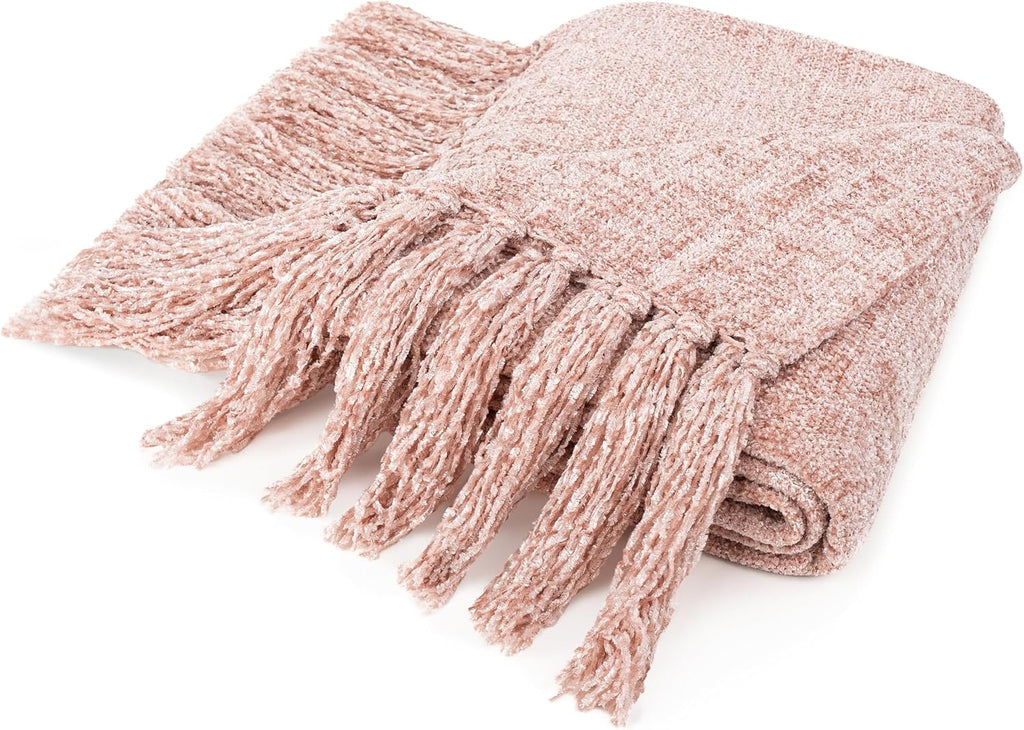 Pink Chenille Throw Blanket, Light Pink Soft Knit Throw with Tassel, Decorative Blanket, Blush Pink 50x60