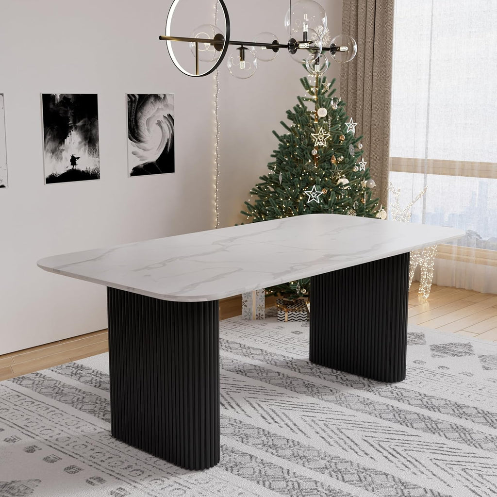 Faux Marble Oval Dining Table, 71" Modern Kitchen Table for 4-6 People, Easy to Assemble Accent Dining Table with