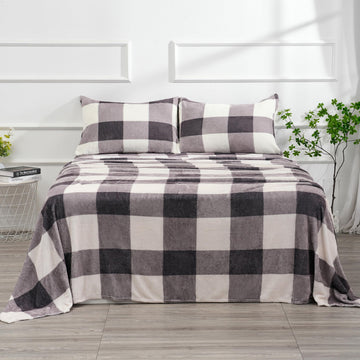 Micro Fleece Checkered Bed Sheet Set - Ultra-Soft Velvet Plush Bed Sheets with Deep Pockets, No Pilling, Cozy