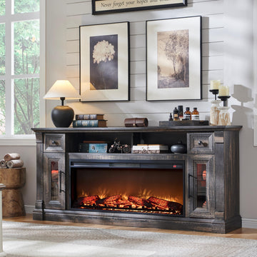 Farmhouse Fireplace TV Stand for 80" TV, Dark Rustic Oak