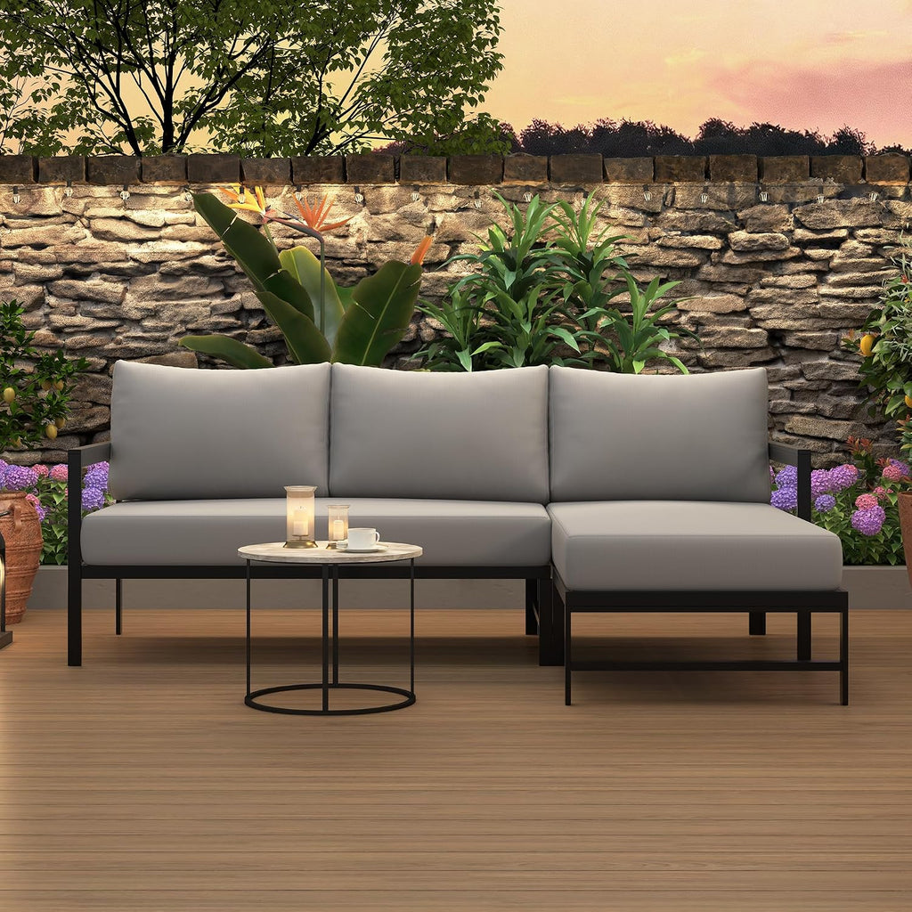 Outdoor L-Shaped Sectional Sofa with 5.9'' Ultra-Thick Cushions, All Weather Patio Conversation Set with Iron Frame