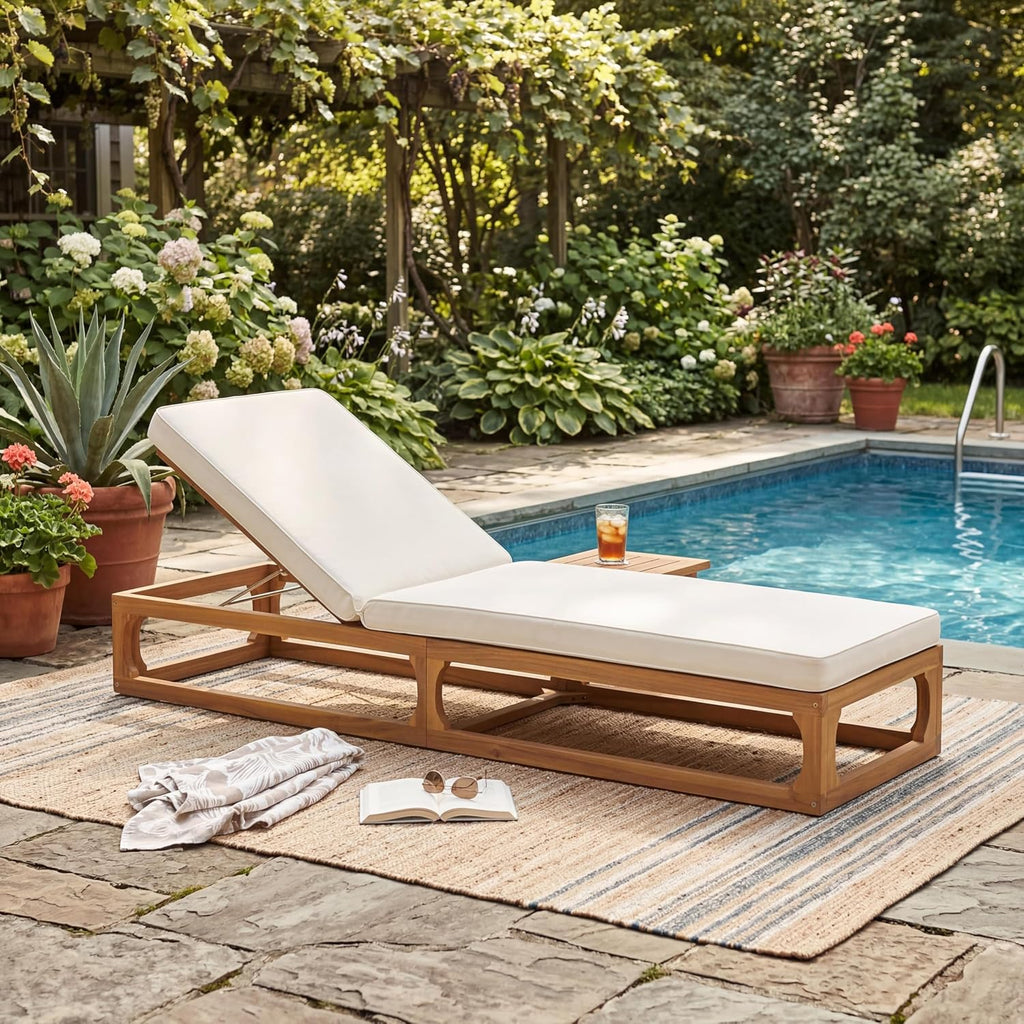 Modern Patio Chaise Lounge Chair Outdoor, Acacia Wood Poolside Sun Lounger with Cushion, Open Frame Pool Lounger