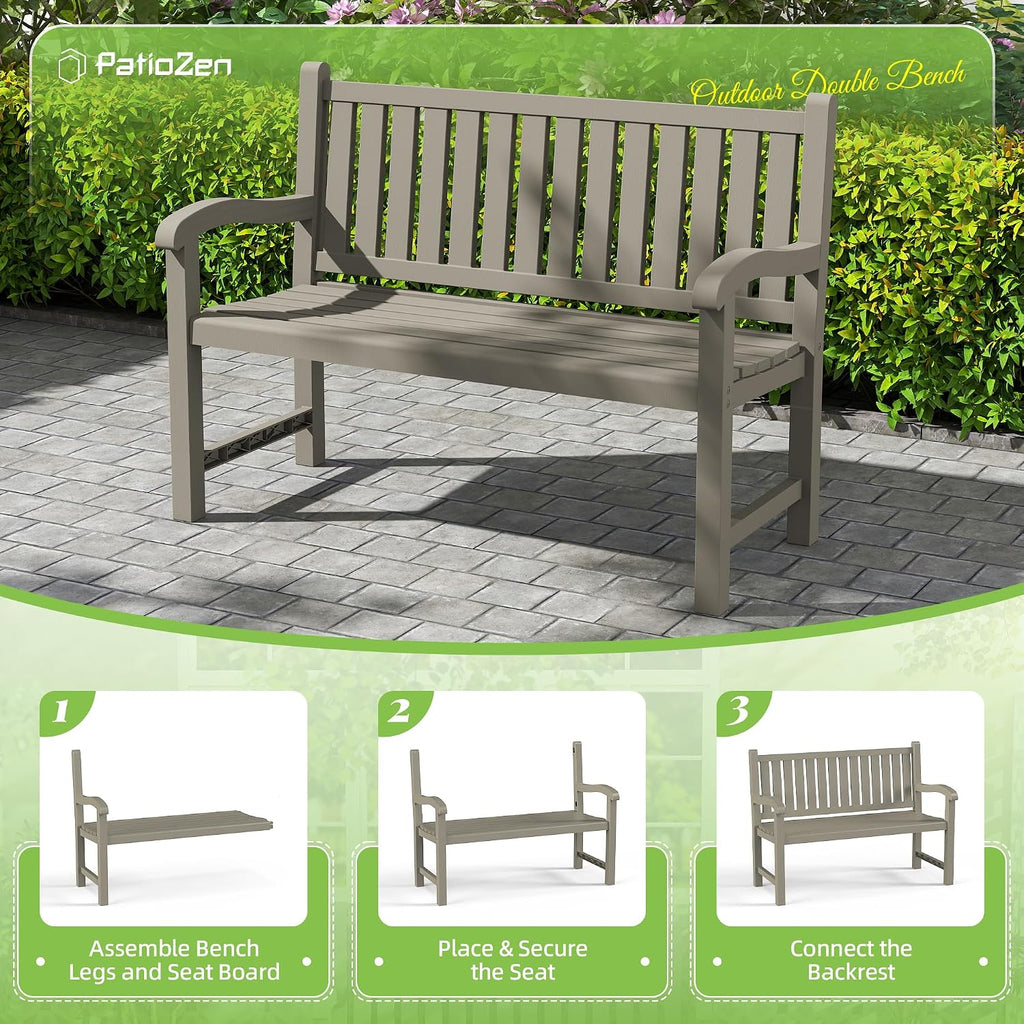 Outdoor Bench, 2-Person Resin Bench, Grey | Waterproof & Weatherproof, Ergonomic Design, For Porch, Deck, Patio