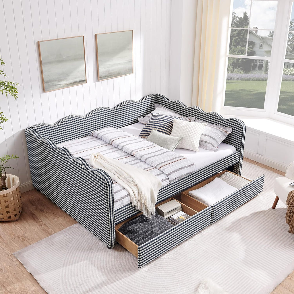 Queen Size Gingham Daybed with 2 Storage Drawers and USB Ports | Upholstered Daybed Living Room Guest Room-Navy