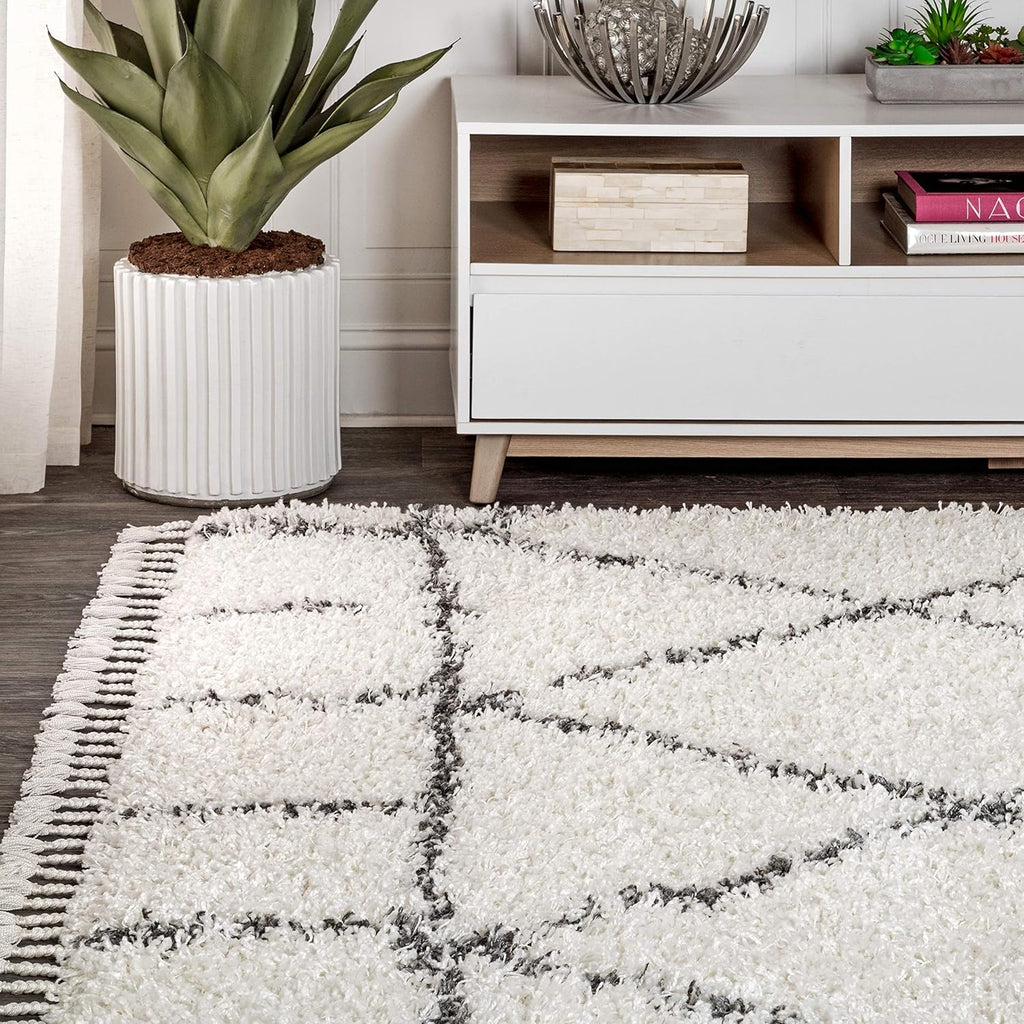 Mercer Shag Plush Tassel Ivory/Gray Indoor Area Rug, Moroccan Geometric Trellis, Easy-Cleaning