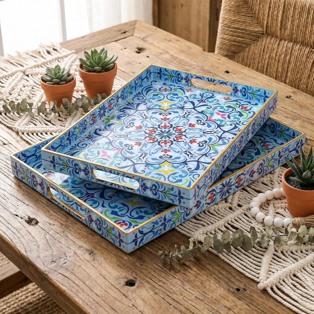 Set of 2 Boho Floral Serving Tray with Handles, 15.7" x 11.8" Decorative Plastic Ottoman Tray, Modern Large Coffee