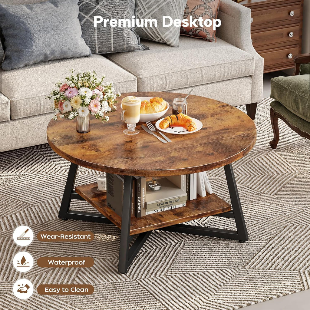 Round Coffee Table, Small Circle Coffee Table with Storage, Modern Wood Round Center Table, Small Space