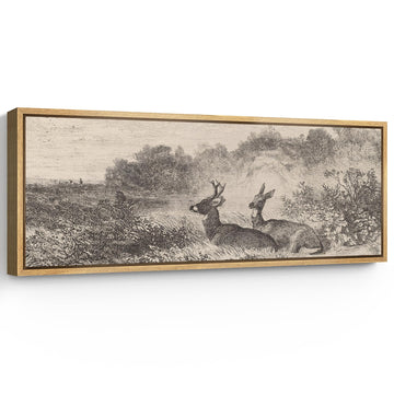 Large Framed Canvas Print Wall Art Vintage Style Deer in Field Sketch Illustrations Modern Art Calm Warm - 60"x20"