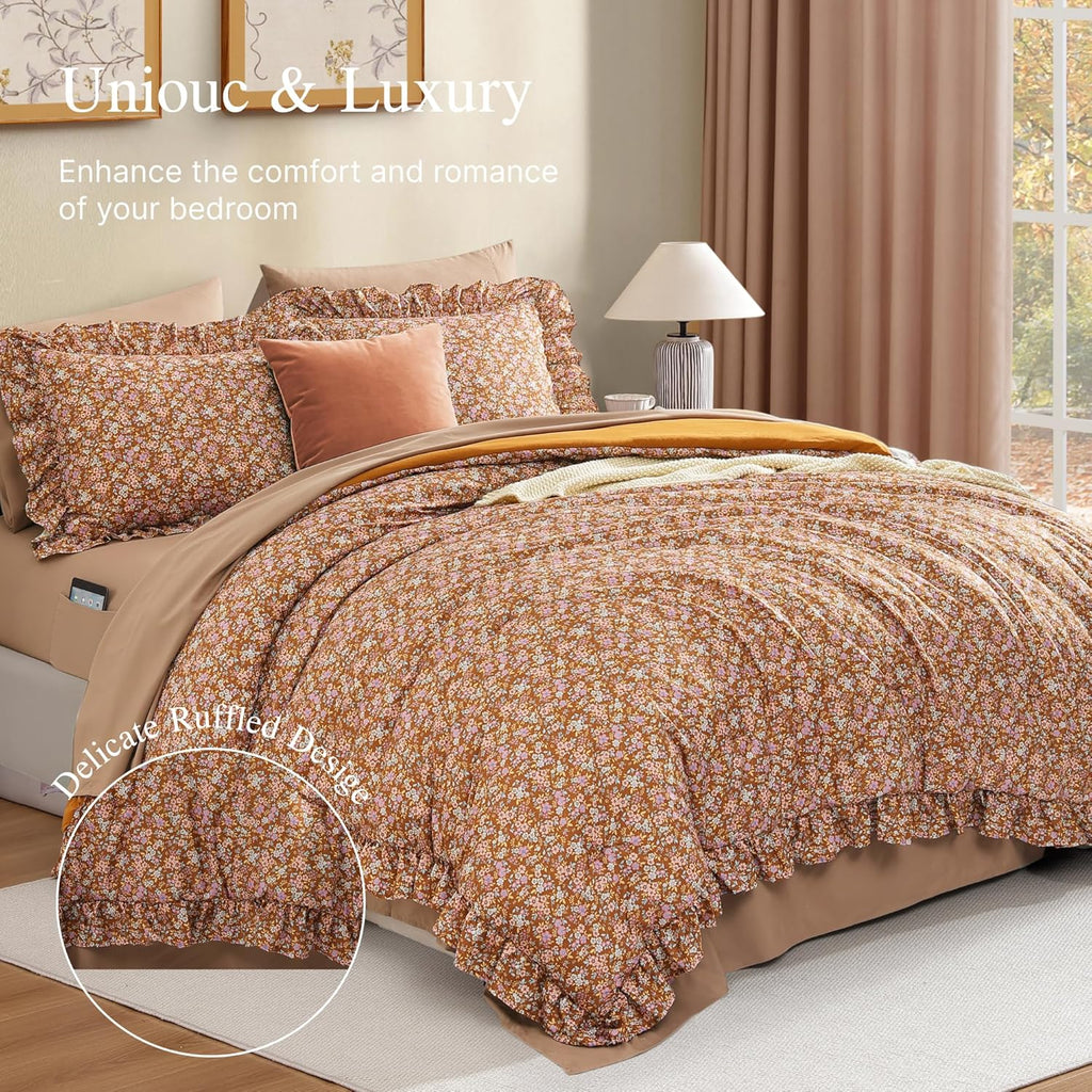 Comforter Set - 7 Pieces Ruffle Brown Bedding Sets, Shabby Chic Farmhouse Bed in a Bag with Ruffle Comforter