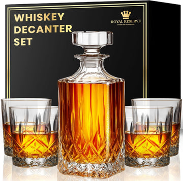 Whiskey Decanter Set for Men, Crystal Bourbon Decanter 24 oz with 4 Glasses - Set of 5