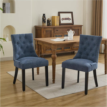 Upholstered Tufted Dining Chairs Set of 2, Fabric Side Dining Room Chairs with Nailhead Back Ring Pull Trim Solid