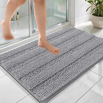 Thick Bathroom Rugs 36x24, Soft Chenille Striped Bath Rugs, Grey | Rubber Backing, Machine Wash, Extra Absorbent Bath