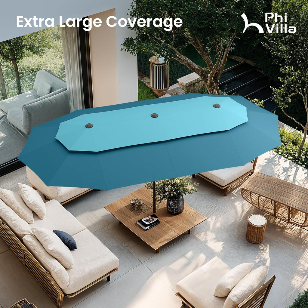 13ft Large Patio Umbrellas with Base Included, 2-Tier Double-Sided Outdoor Market Rectangle Umbrella Blue & Cerulean
