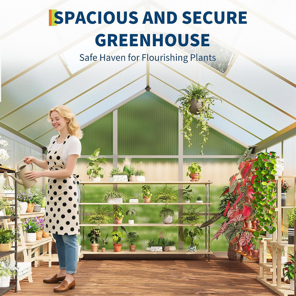 6X10 FT Greenhouse for Outdoors, Large Walk-in Polycarbonate Greenhouse Kit, Aluminum Frame, Lockable Door, Roof
