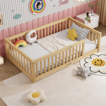 Twin Size Montessori Toddler Floor Bed with Wood Slats for Girls and Boys, Wood Montessori Bed Frame with Safety