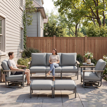 Aluminum Outdoor Patio Furniture Set with 5.1-Inch Cushions | 6-Piece: 3-Seat Sofa, 2 Swivel Rocking Chairs, Side