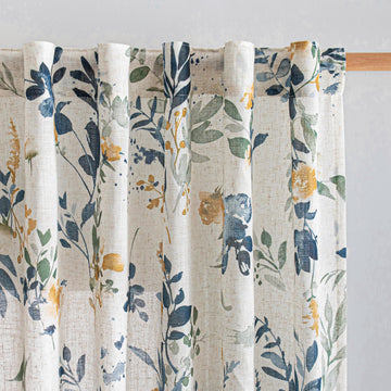Floral Linen Curtains 84 Inch Long 2 Panels Semi Sheer