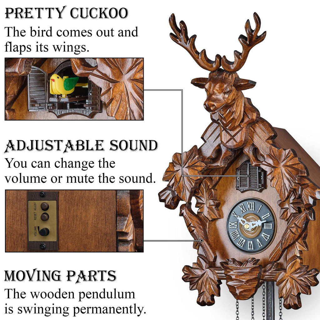 Cuckoo Clock with Automatic Night Mode, Quartz Movement and Carved Deer Head (Brown)