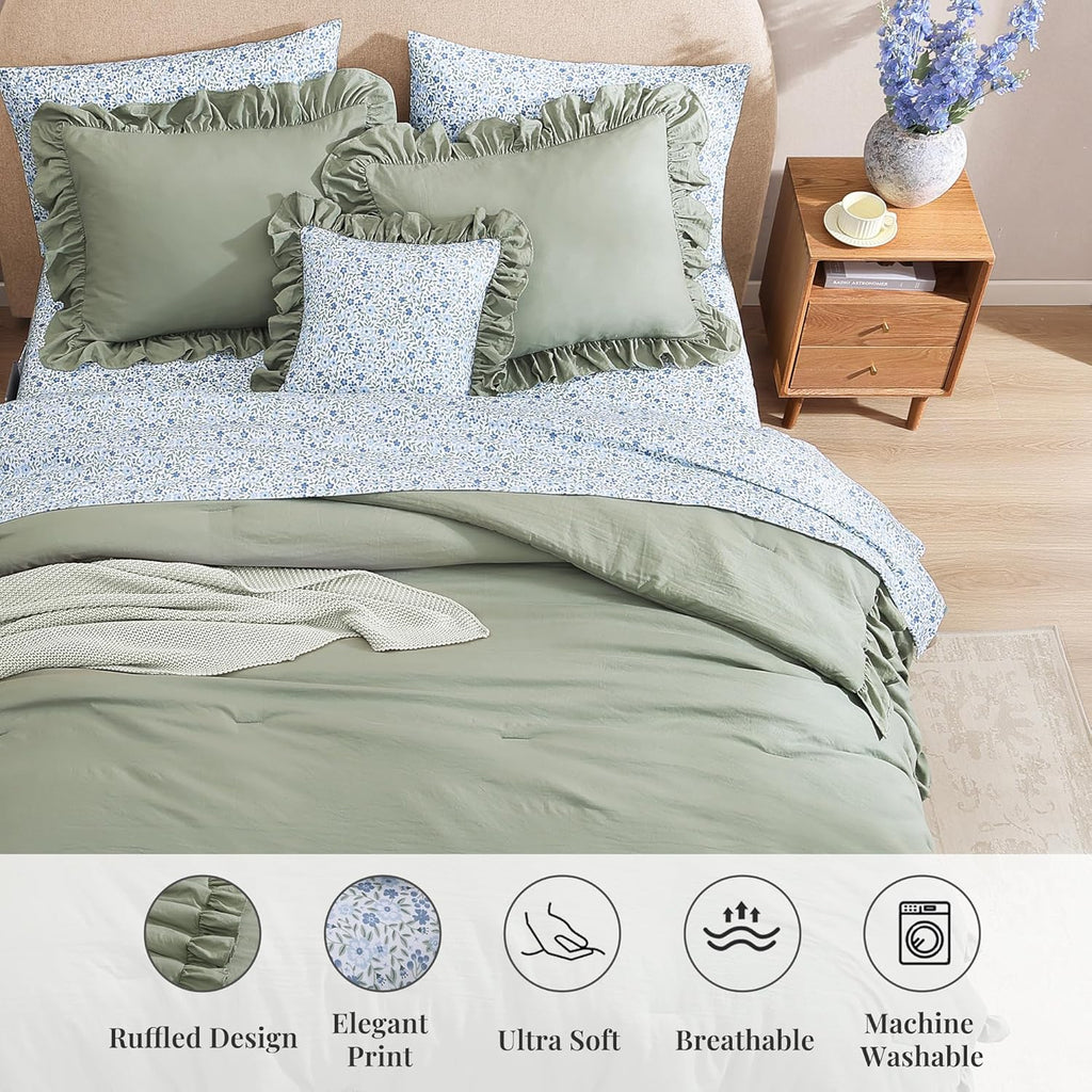 Comforter Set - 7 Pieces Ruffle Sage Green Bedding Sets