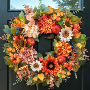 24 Inch Fall Wreaths for Front Door, Apple Wreath Artificial Autumn Wreath
