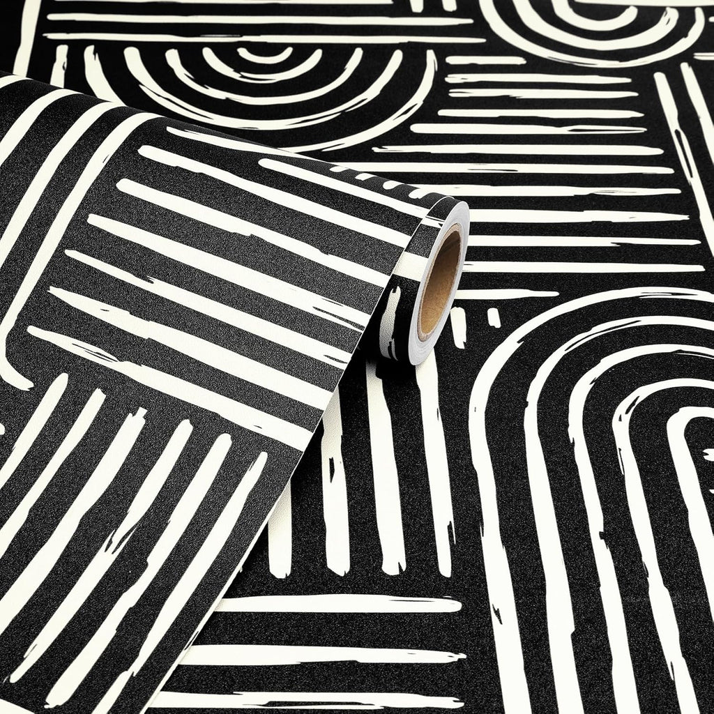 17.5x276 Mid Century Modern Wallpaper Geometric Black and White Peel and Stick Wall Paper with Designs Abstract
