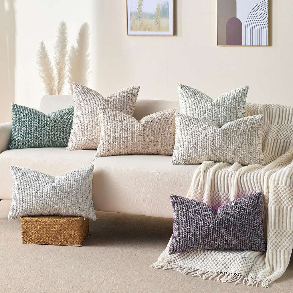 Decorative Lumbar Pillow Cover 12x20 Beige Striped Soft Wool Lumbar Throw Pillow Neutral Textured Boho Cushion Covers