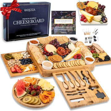 Extra Large Charcuterie Boards Gift Set: Marble Bamboo Cheese Board Set- Unique for Mom, 23 Entertaining Accessories
