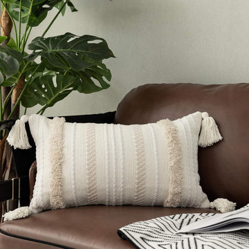 Lumbar Decorative Boho Throw Pillow Cover, 12 x 20 Farmhouse Cute Pillowcase Minimalist Neutral Collection Cream