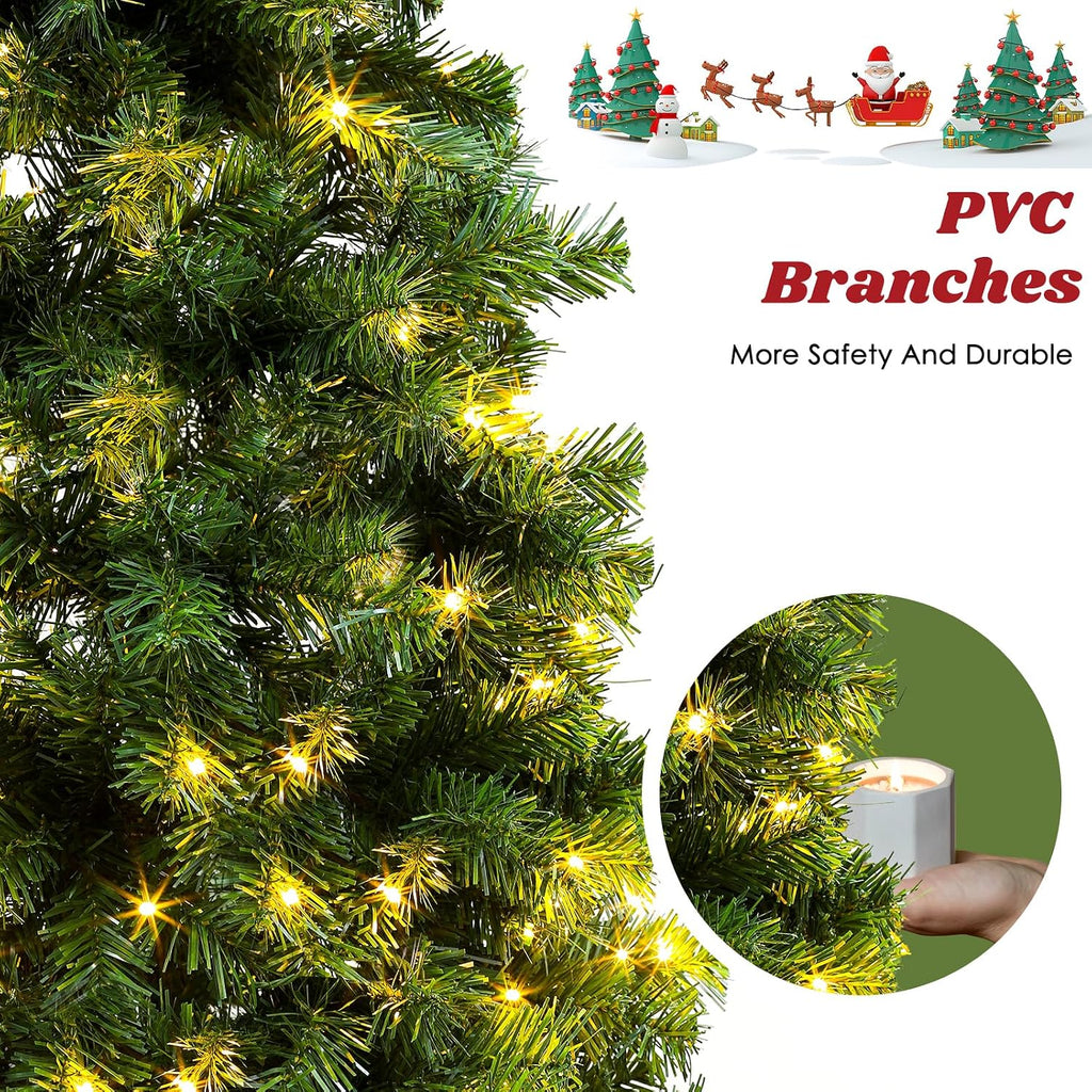 Pre-Lit Pencil Artificial Holiday Slim Christmas Tree with Warm Lights and Metal Base Stand , Party Decoration,Green