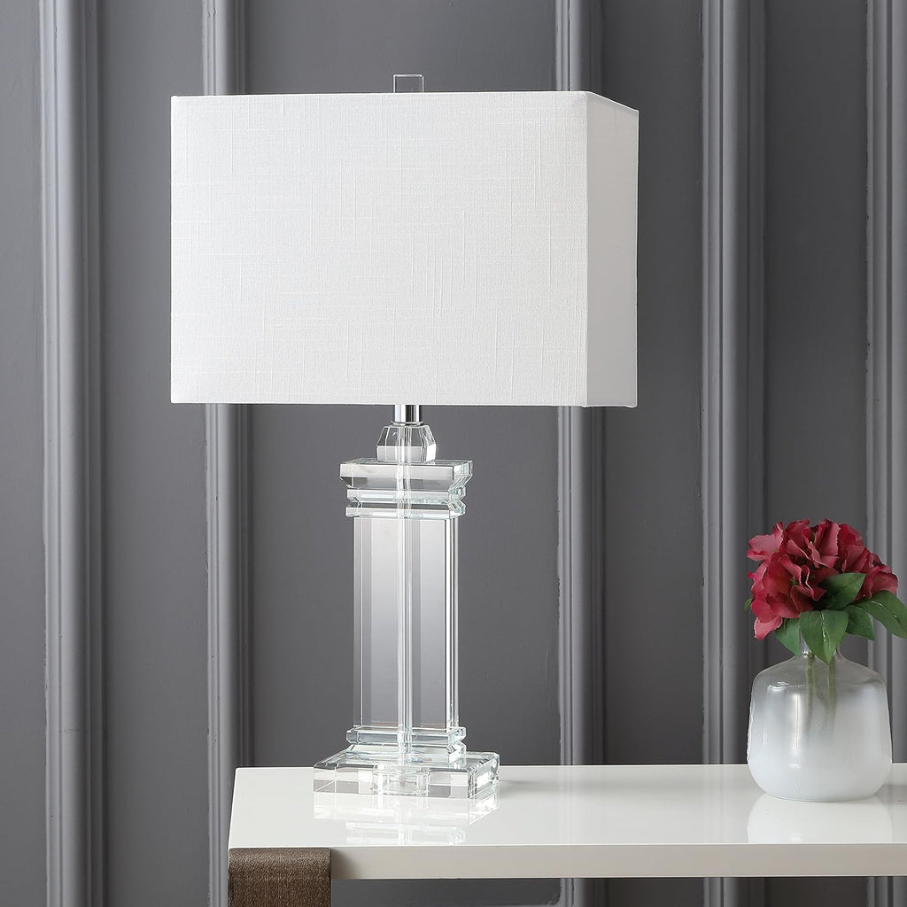 24.5" Ophelia Clear Solid Crystal LED Table Lamp, Modern Rectangular Column Lamp with White Linen Shade Bedroom