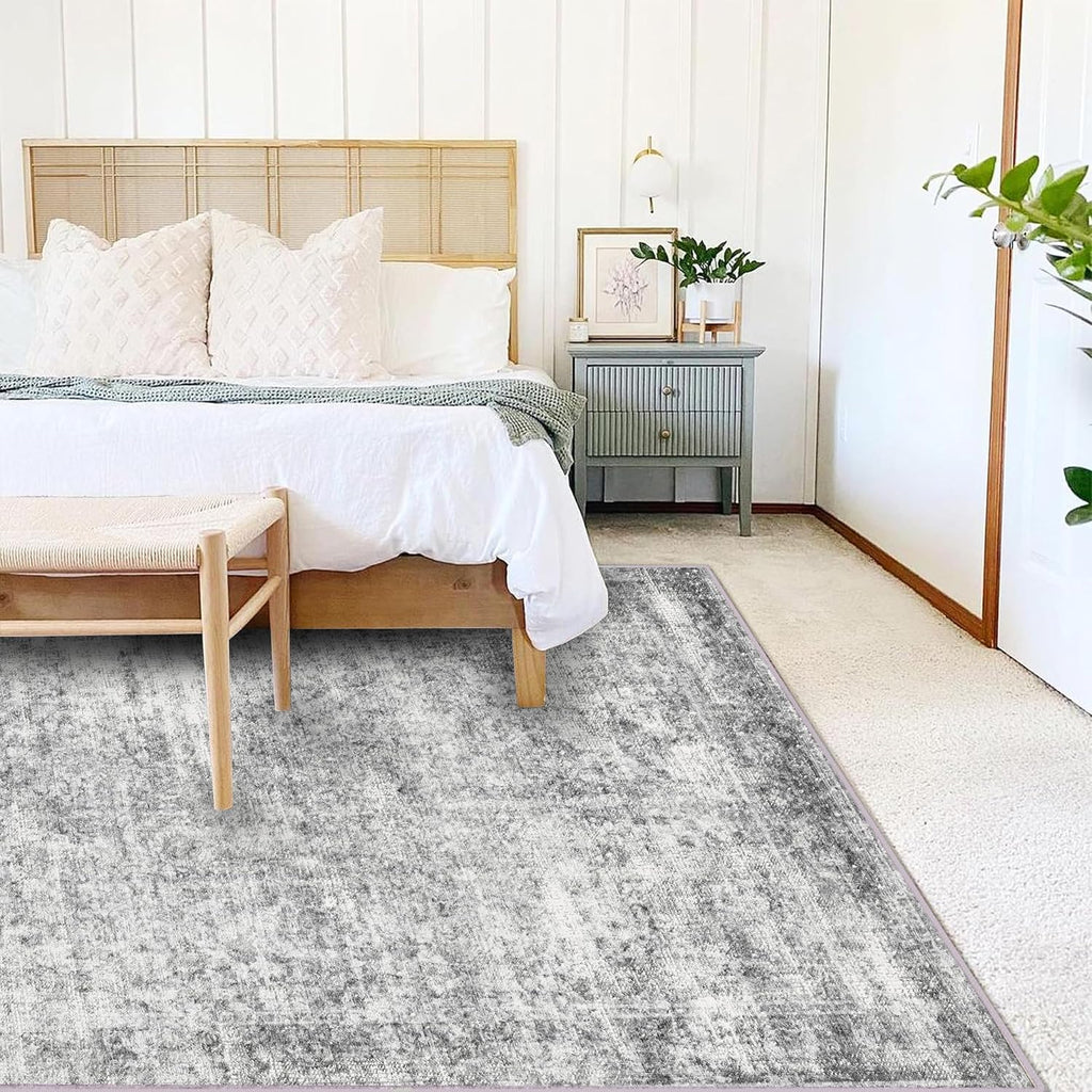 Area Rug 4x6 Washable Rug Gray Vintage Traditional Floor Cover Foldable Thin Retro Accent Indoor Distressed Non Slip
