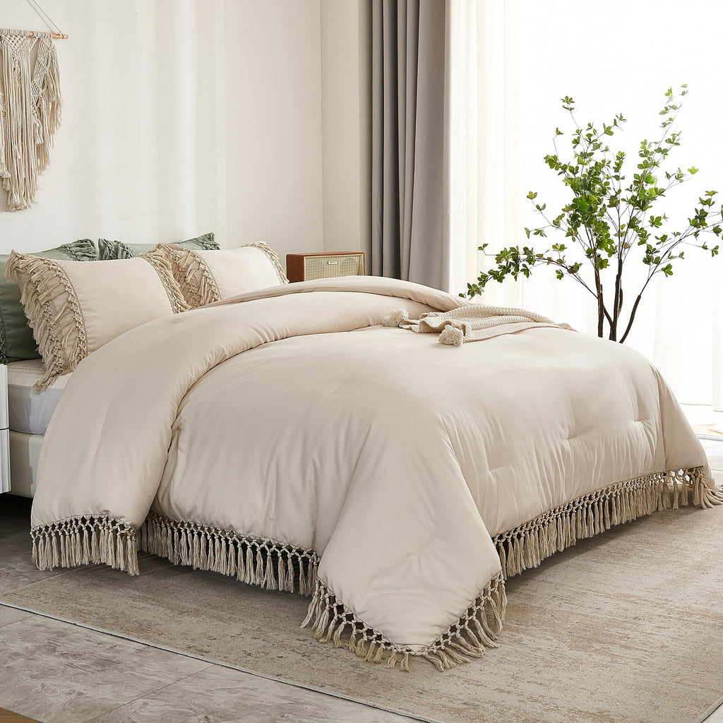 Beige Comforter Set Queen, 3 Pieces Boho Tassel Bedding