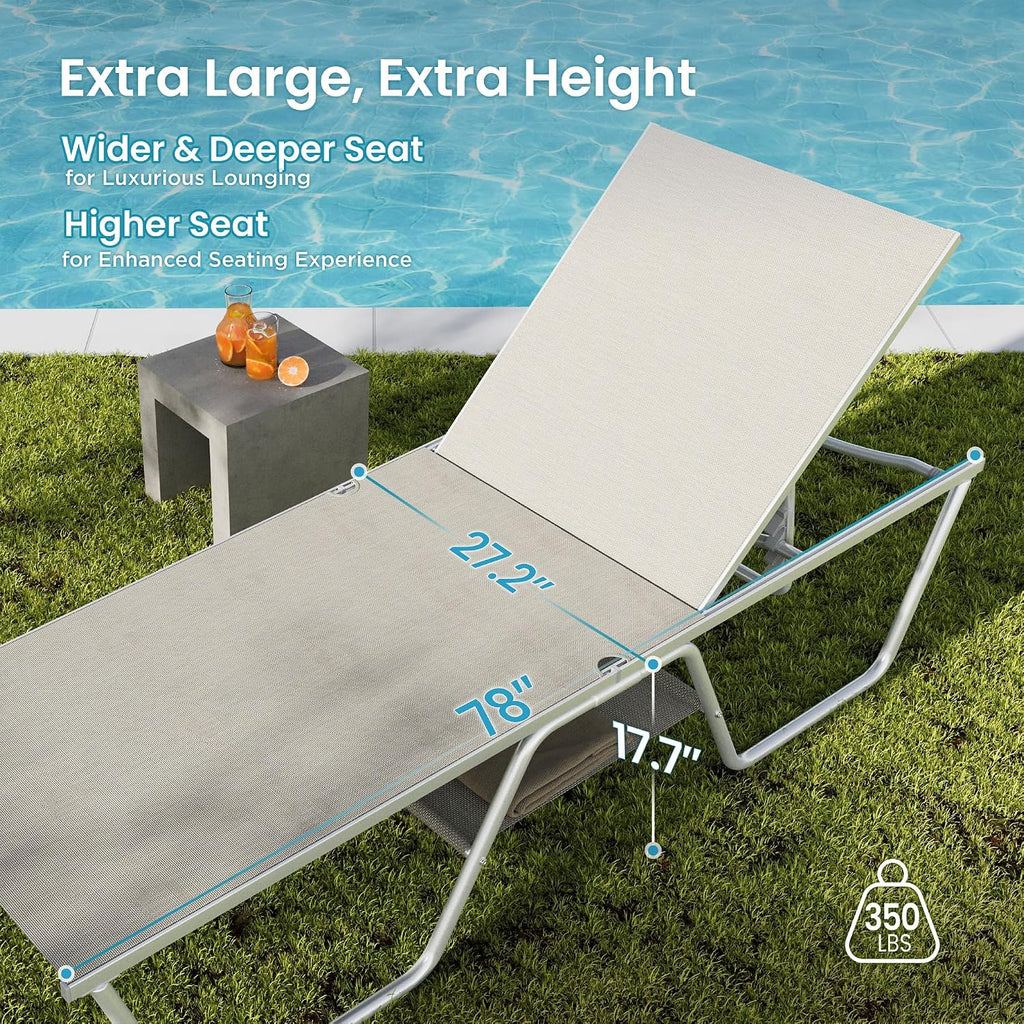 78" Oversized Outdoor Chaise Lounge Chair, 27" Extra Wide Foldable, 5-Position Adjustable, UV50+ Textilene Mesh