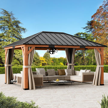 Modern Shade Wood Gazebo 12' x 16', Permanent Hardtop Gazebo with Galvanized Steel Roof, Mosquito Netting and Curtains