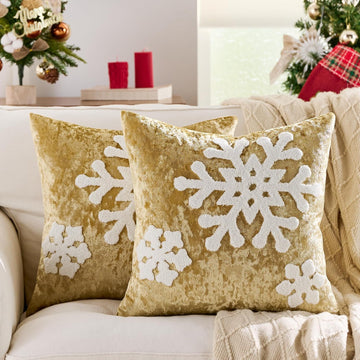 Christmas Snowflake Throw Pillow Covers 18x18 Winter Holiday Decorative Gold Embroidered Luxurious Velvet - Set of 2