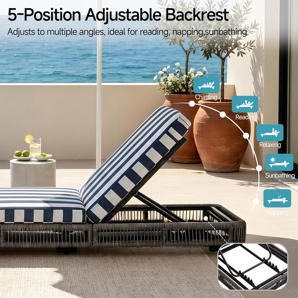 Outdoor Chaise Lounge Chair,Patio Wicker Recliner with 5-Position Adjustable Backrest, Rattan Reclining Pool