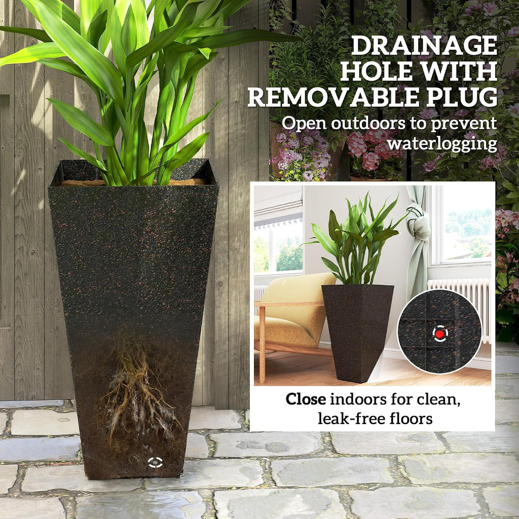 28 Inch Tall Planters for Outdoor Plants Set of 3, Brown | Marble Finish, Drainage Holes, Stackable Tapered Design