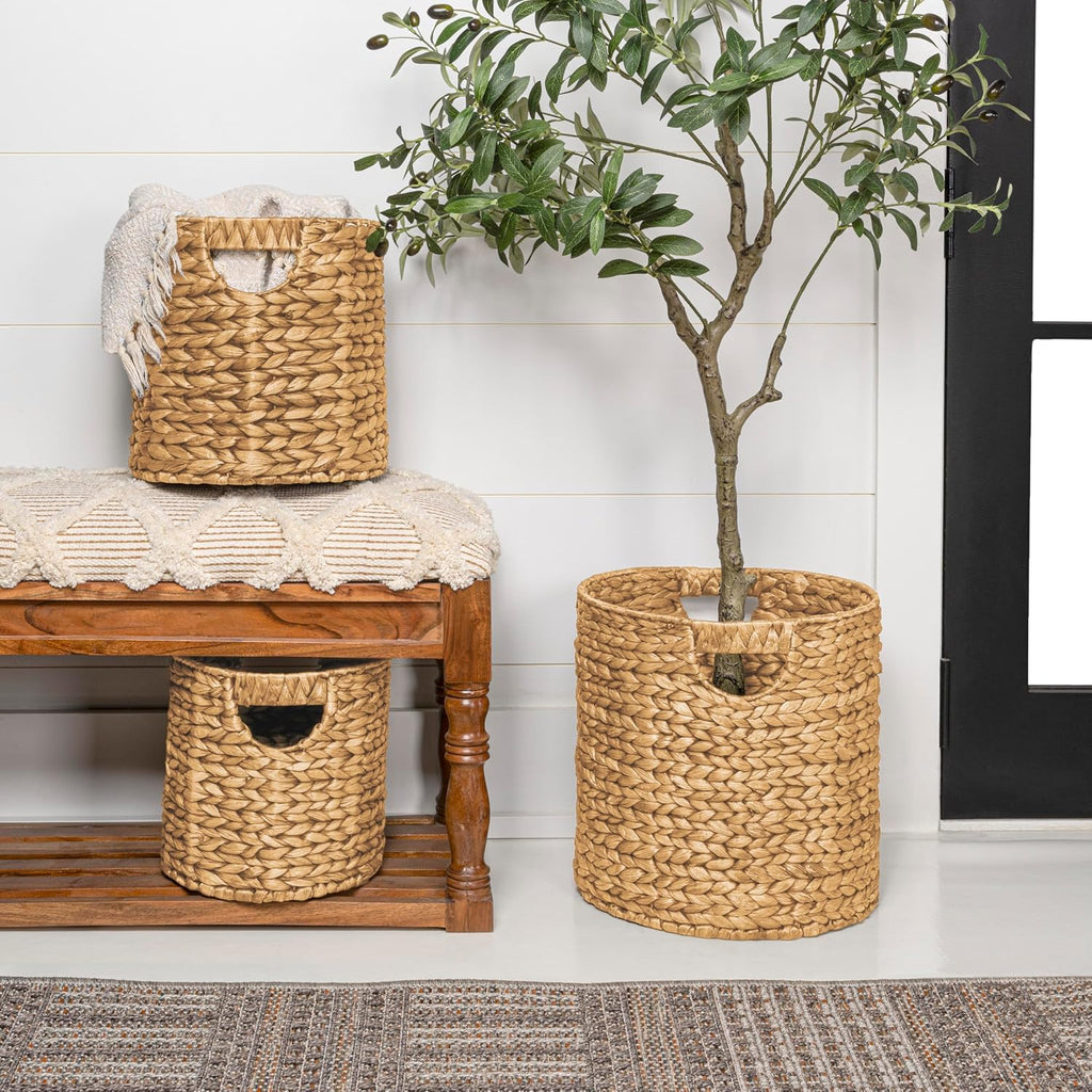 Avery 3-Piece Cylinder Nesting Baskets 13", Natural | Hyacinth, Bohemian Cottage Style, Handwoven Wicker, Iron Metal