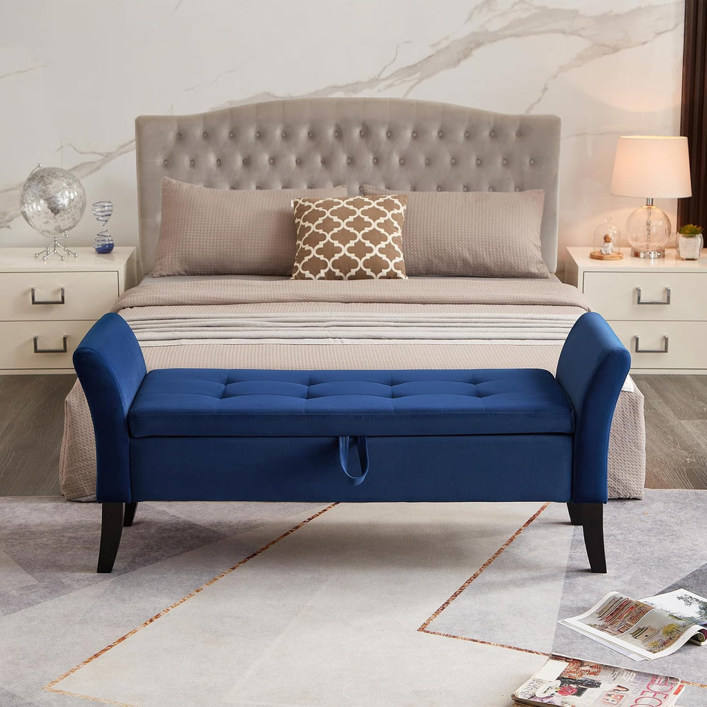 Storage Ottoman Bench, Velvet Benches End of Bed Bench with Solid Wood Legs Upholstered Ottoman with Storage Indoor