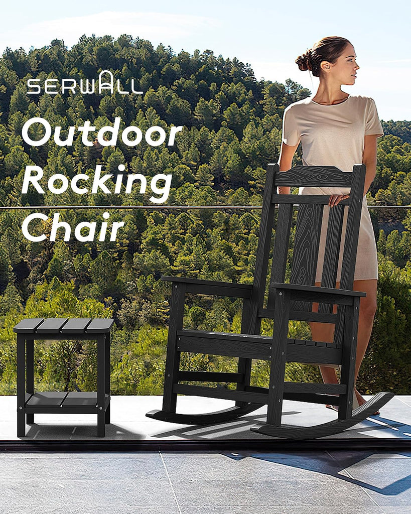 HDPE Oversized Outdoor Rocking Chairs Set of 2, Patio Rocker, Black | Heavy Duty Front Porch Rocker, All Weather