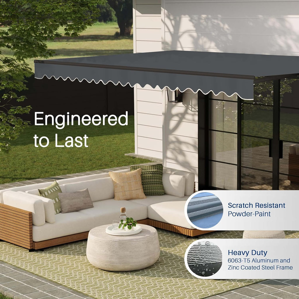 Manual Patio Awning with Black Frame, 12x10 Charcoal Gray | Hand-crank retractable sunshade, adjustable pitch