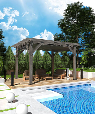 10 X 12 FT Wood Pergola, Solid Structure, Retractable Shade Canopy, Outdoor Wooden Pergola