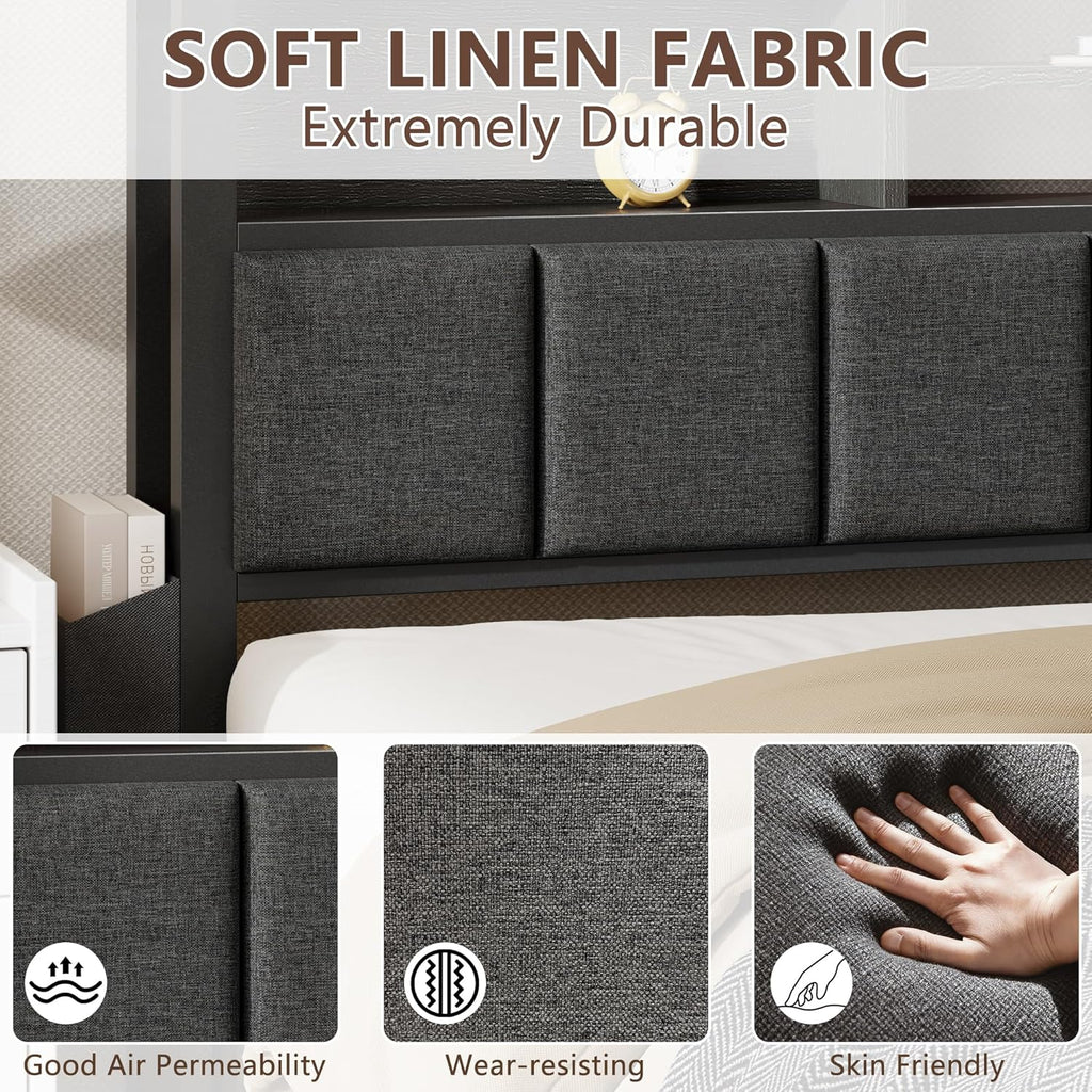 Queen Bed Frame with Storage Drawers, Upholstered Headboard with LED Light & Charging Station