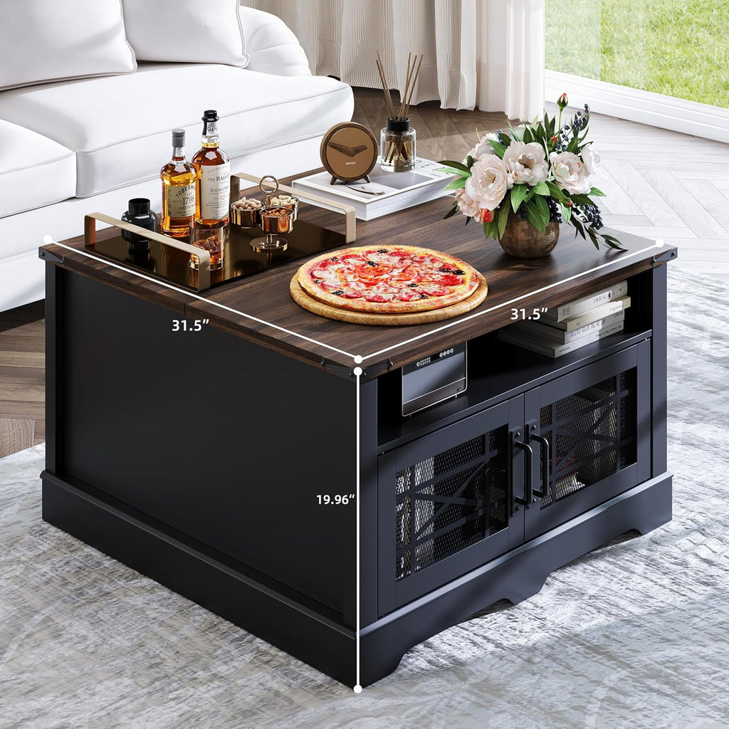 Square Coffee Table, Farmhouse Coffee Tables, Wood Coffee Table with Storage