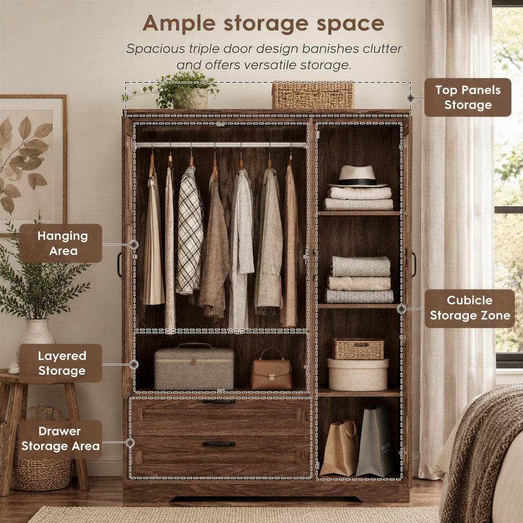Armoire Wardrobe Closet with 3 Door, Walnut